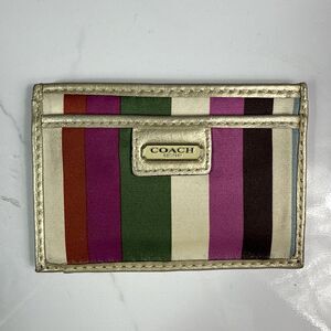 Coach Legacy North South Multicolor Stripe Champagne Leather Trim Card Case